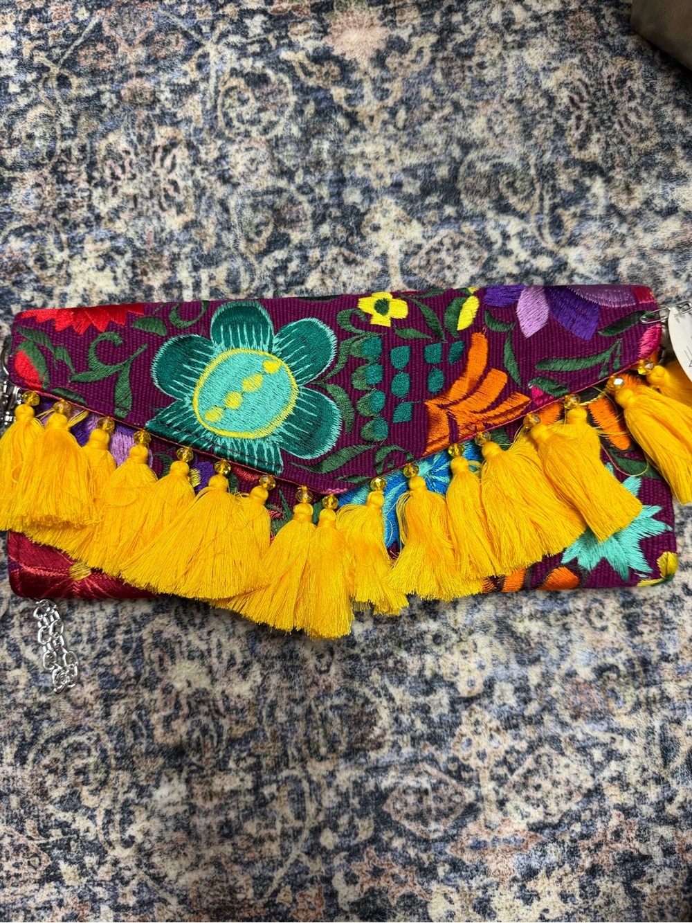 Embroidered Floral Tassel Clutch - Yellow Tassels